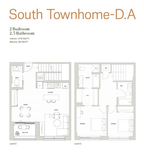 Floor plan for 2 beds, 2.5 baths, 1170 sqft